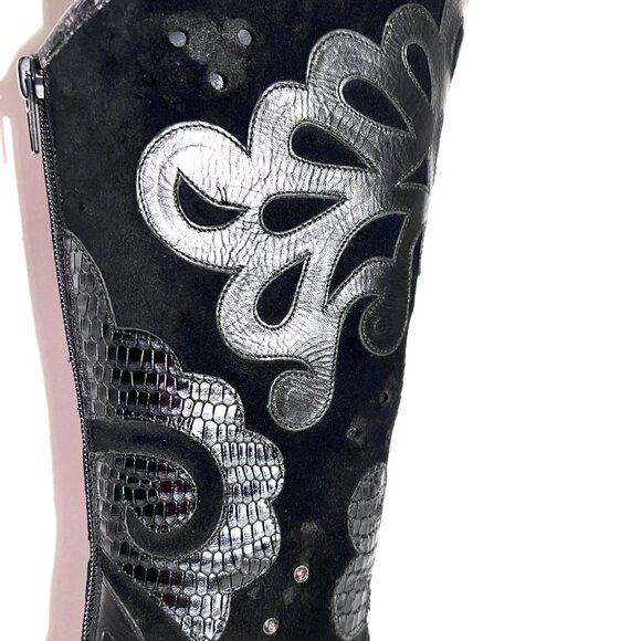 Steve Madden Rare Blk/Grey Cowboy Western High Heel Pointed Toe Leather Boot 8 - Picture 12 of 15